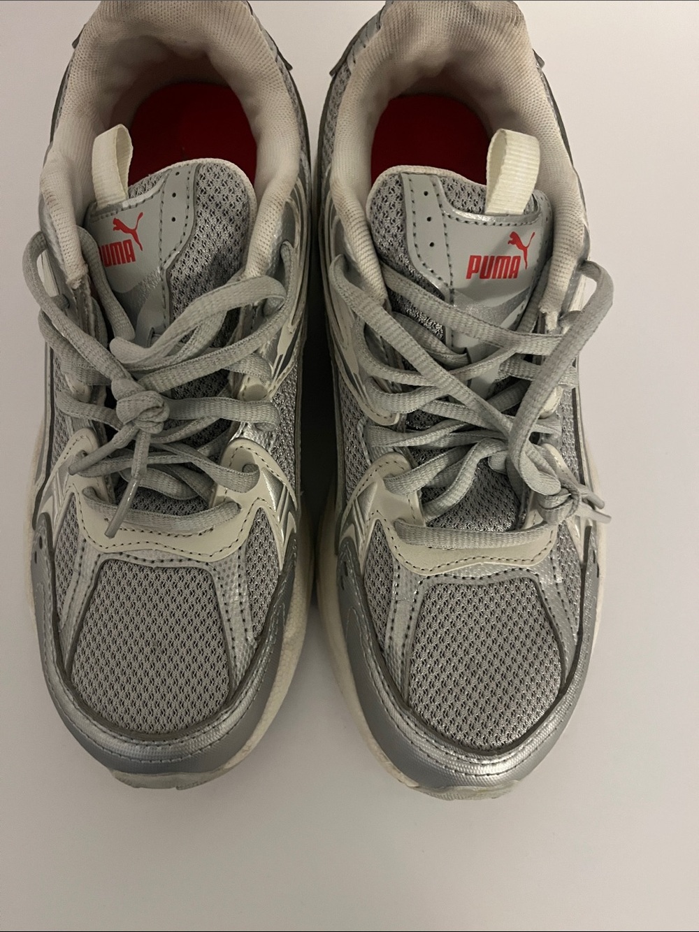 Puma Silver Gray Mesh Sneakers with Red Insole Detail